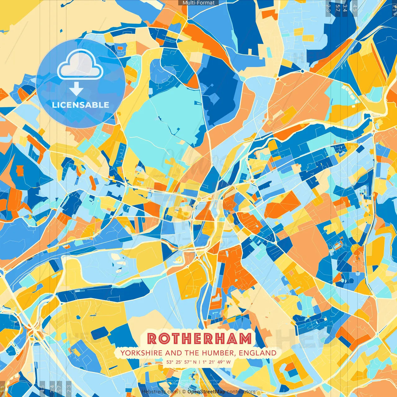 Rotherham, Yorkshire and the Humber, England blue and orange vector art map template