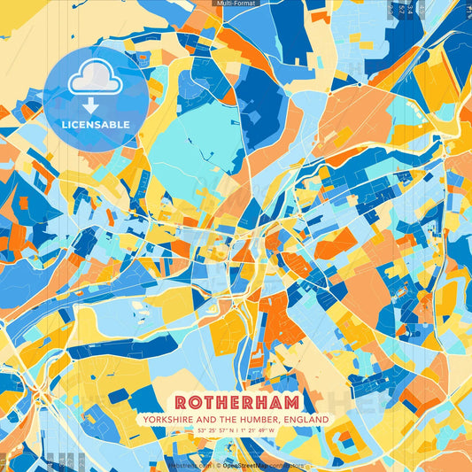 Rotherham, Yorkshire and the Humber, England blue and orange vector art map template