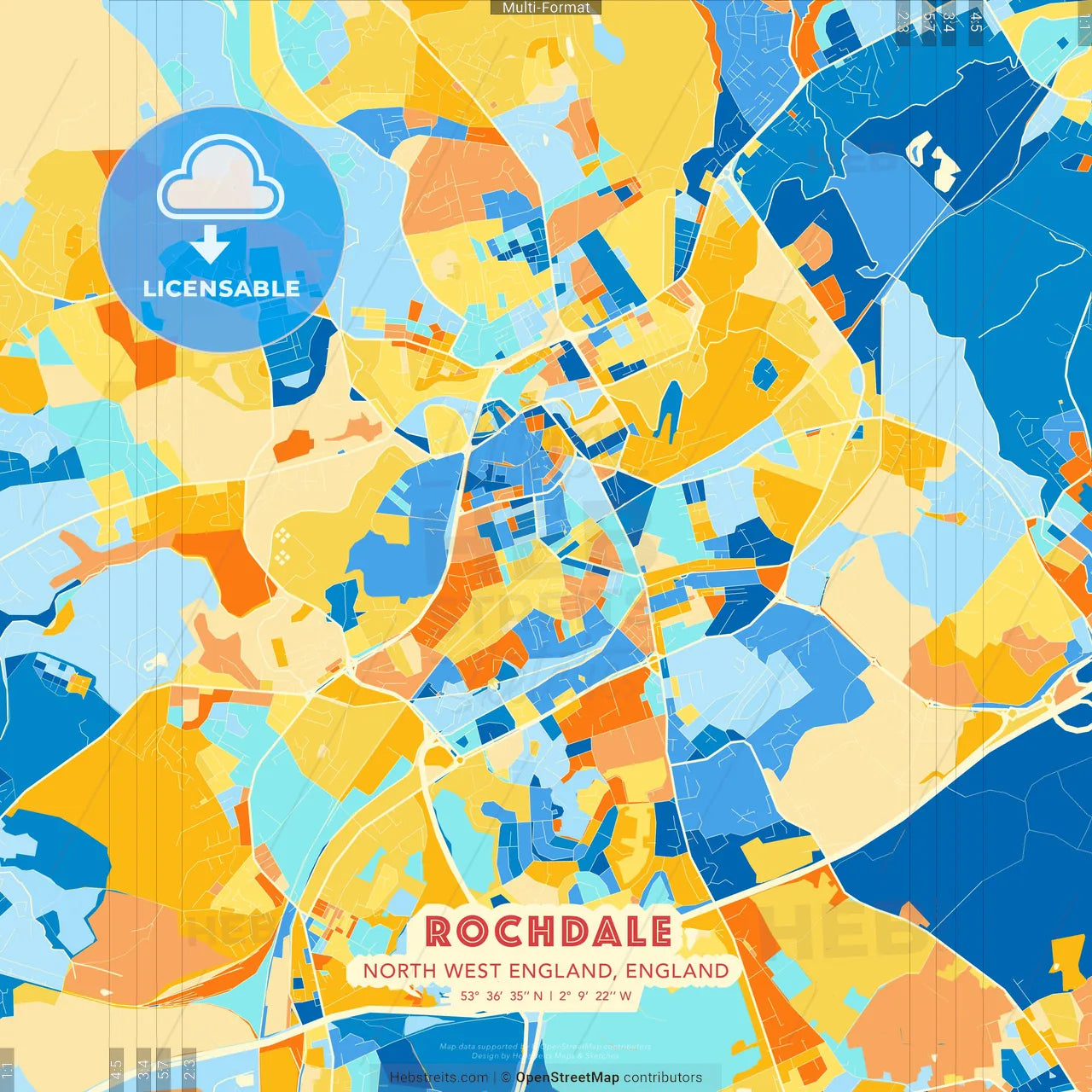 Rochdale, North West England, England blue and orange vector art map template