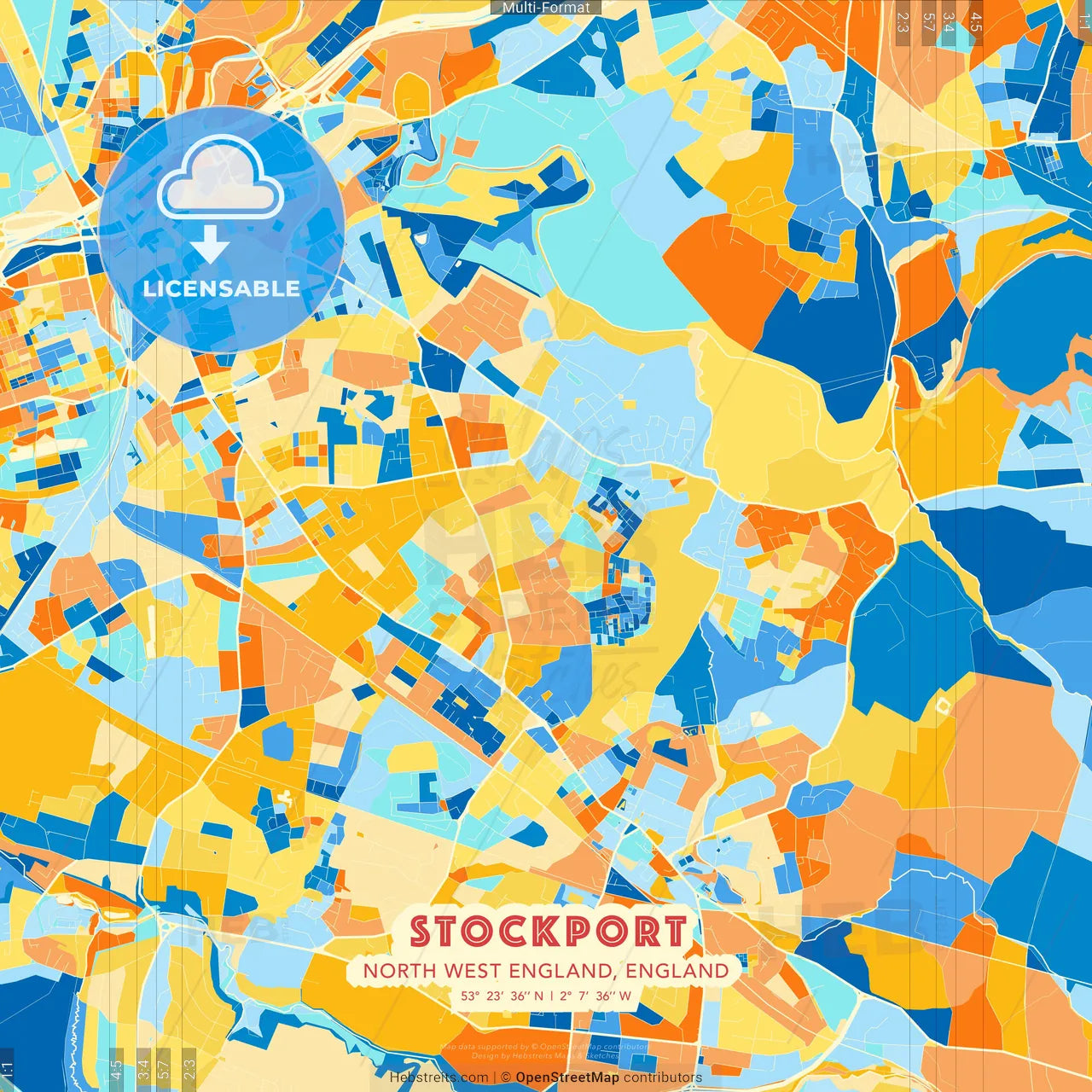 Stockport, North West England, England blue and orange vector art map template