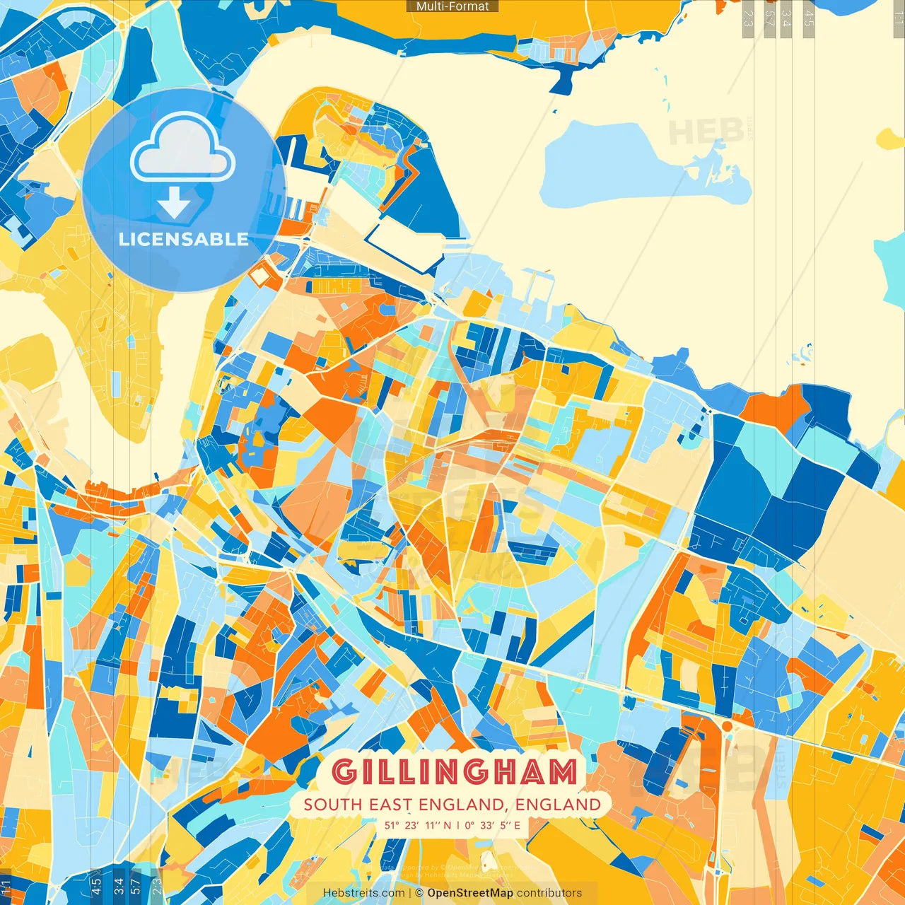 Gillingham, South East England, England blue and orange vector art map template