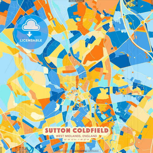 Sutton Coldfield, West Midlands, England blue and orange vector art map template