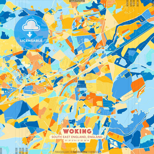 Woking, South East England, England blue and orange vector art map template