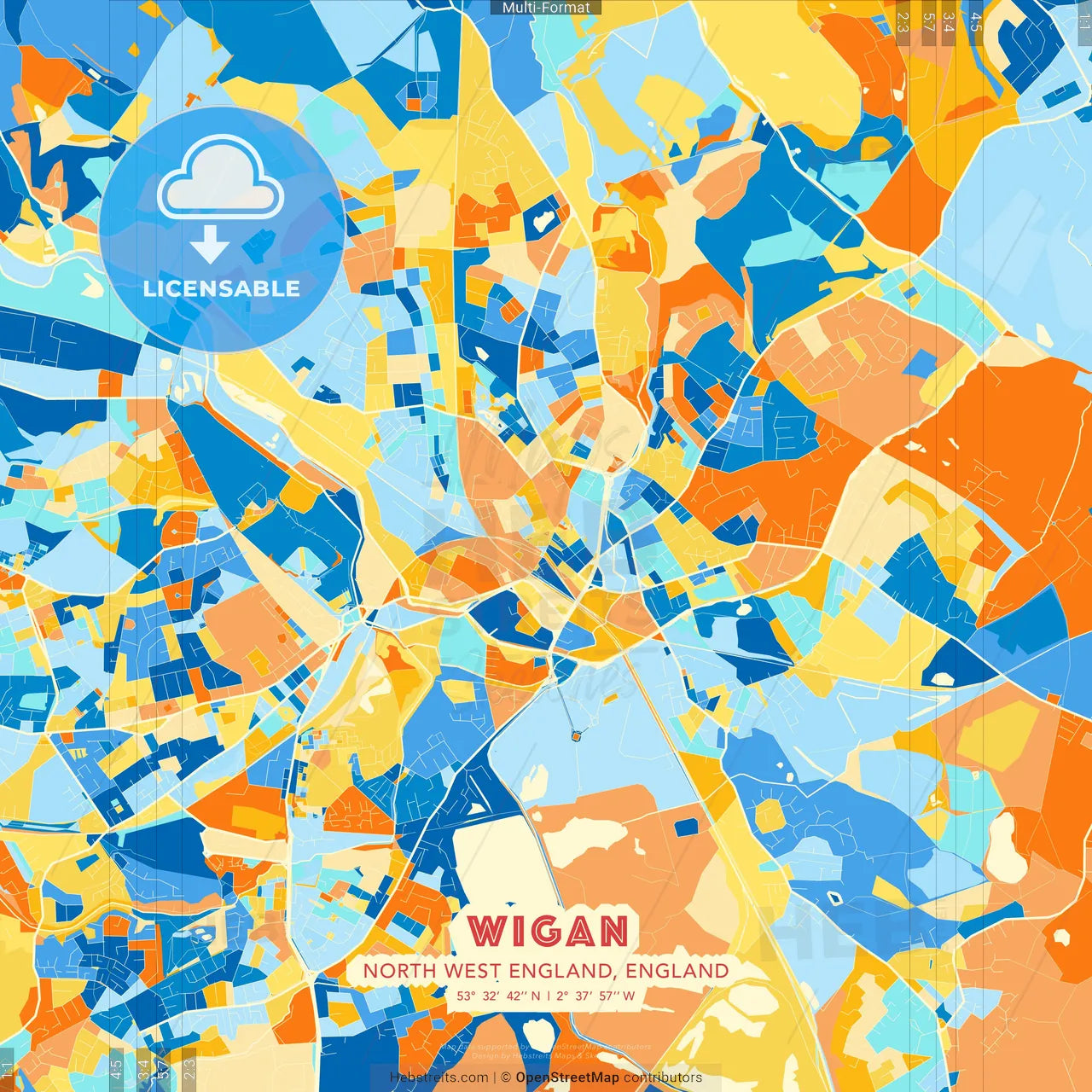 Wigan, North West England, England blue and orange vector art map template