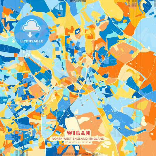 Wigan, North West England, England blue and orange vector art map template