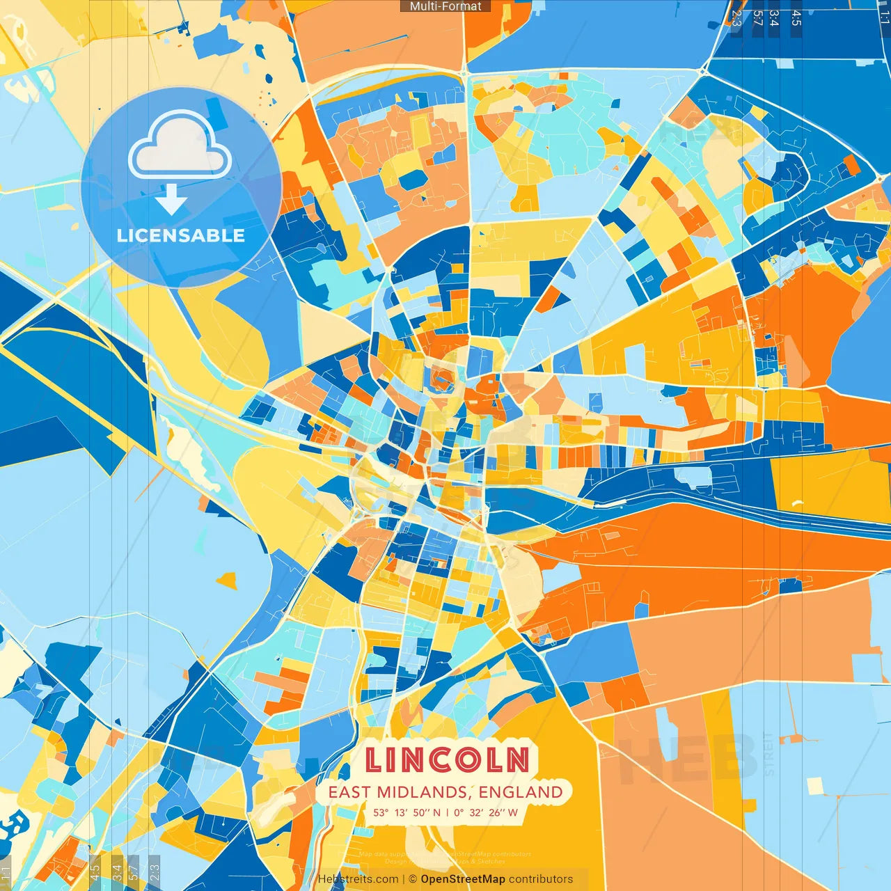 Lincoln, East Midlands, England blue and orange vector art map template