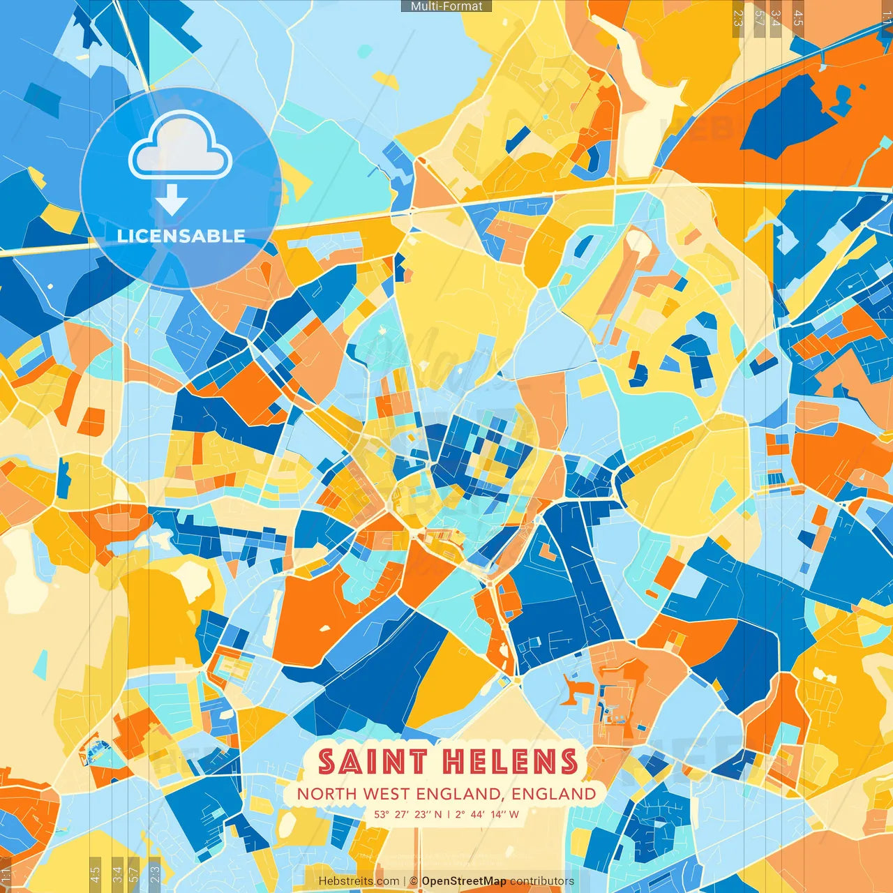 Saint Helens, North West England, England blue and orange vector art map template
