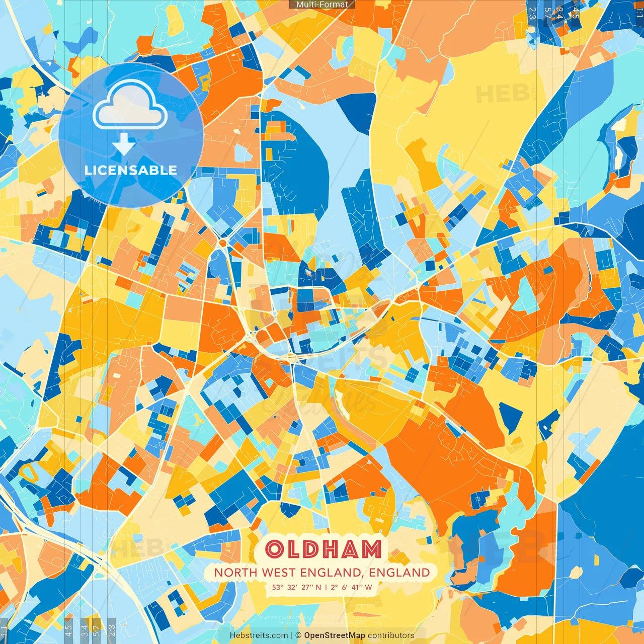 Oldham, North West England, England blue and orange vector art map template