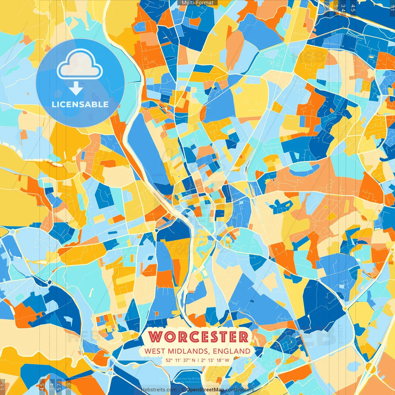 Worcester, West Midlands, England blue and orange vector art map template