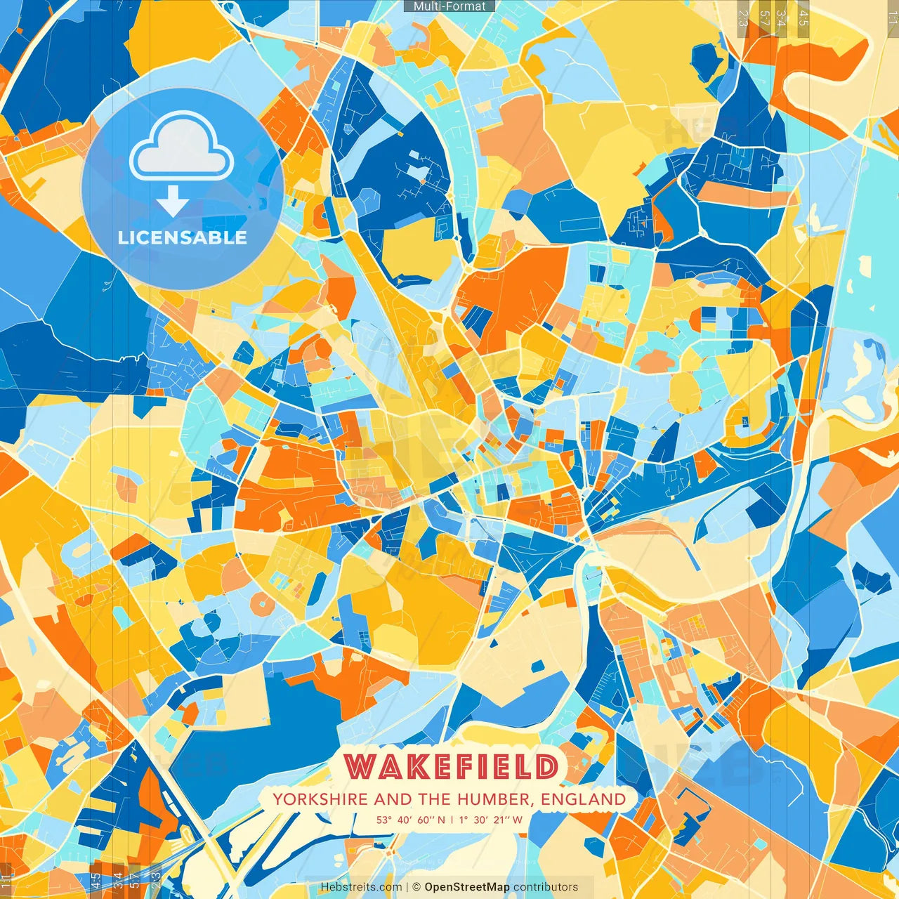 Wakefield, Yorkshire and the Humber, England blue and orange vector art map template