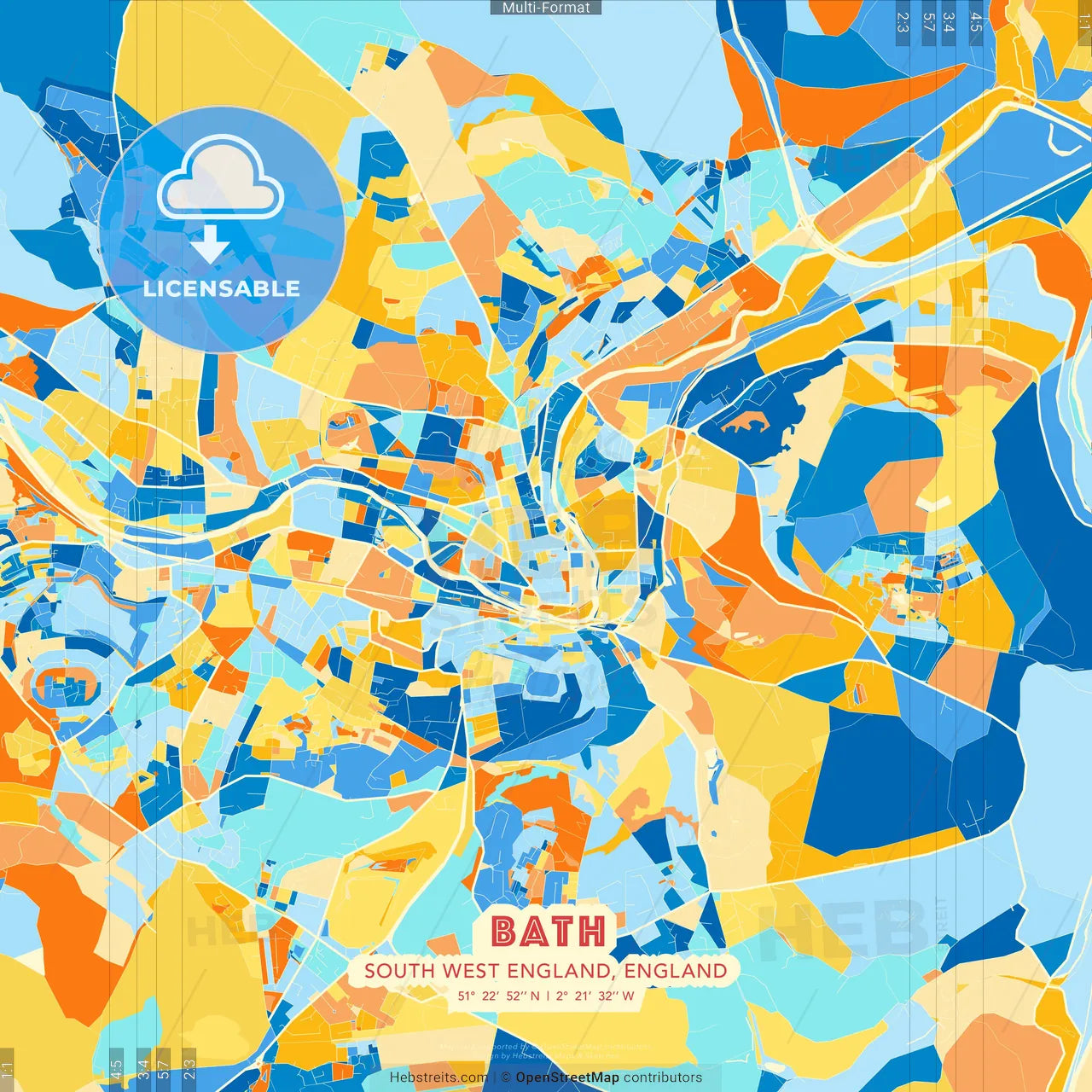 Bath, South West England, England blue and orange vector art map template