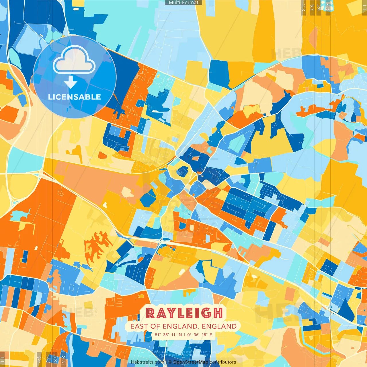 Rayleigh, East of England, England blue and orange vector art map template