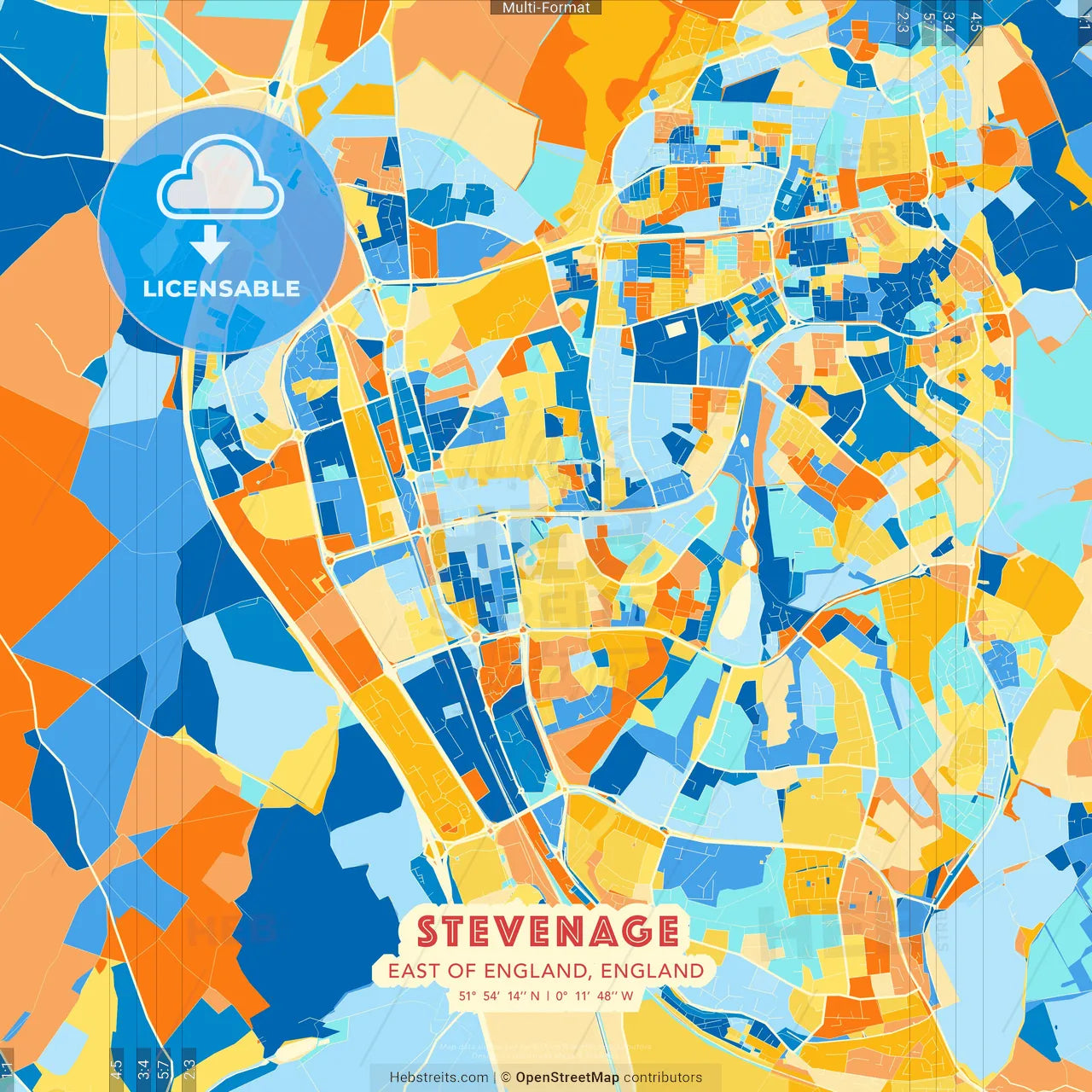 Stevenage, East of England, England blue and orange vector art map template