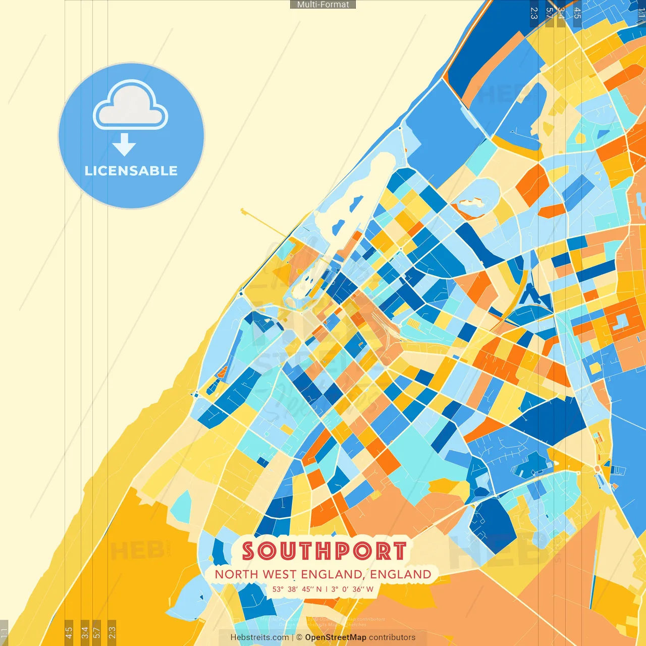 Southport, North West England, England blue and orange vector art map template