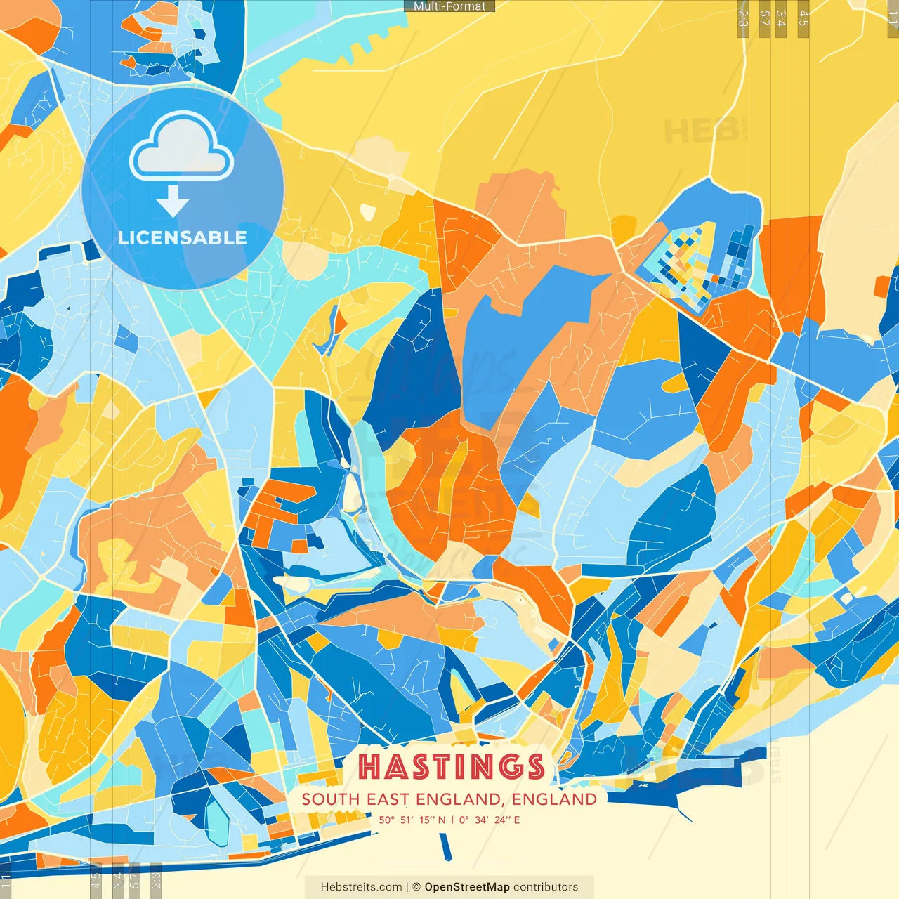 Hastings, South East England, England blue and orange vector art map template