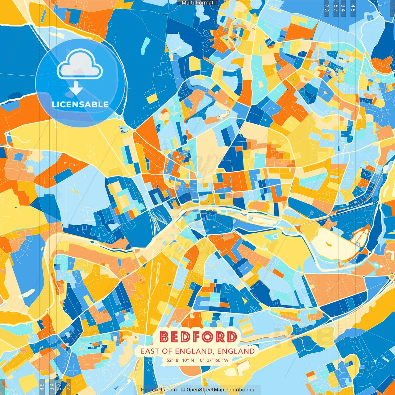 Bedford, East of England, England blue and orange vector art map template