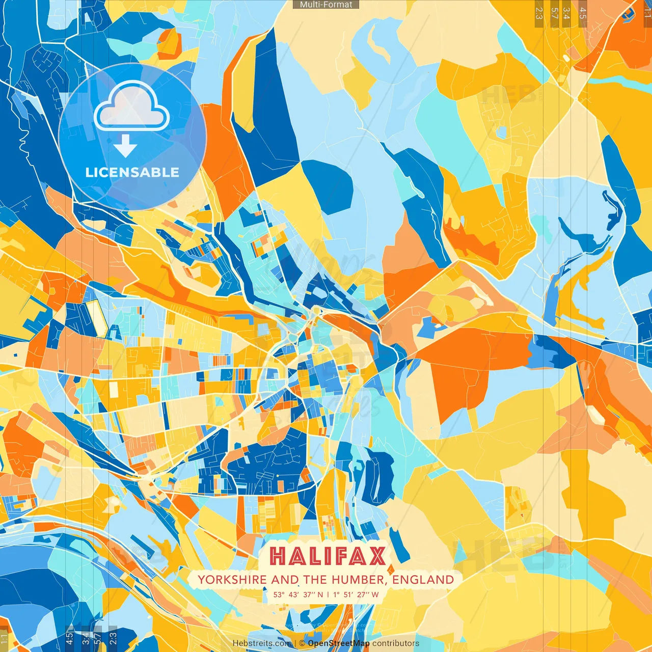 Halifax, Yorkshire and the Humber, England blue and orange vector art map template