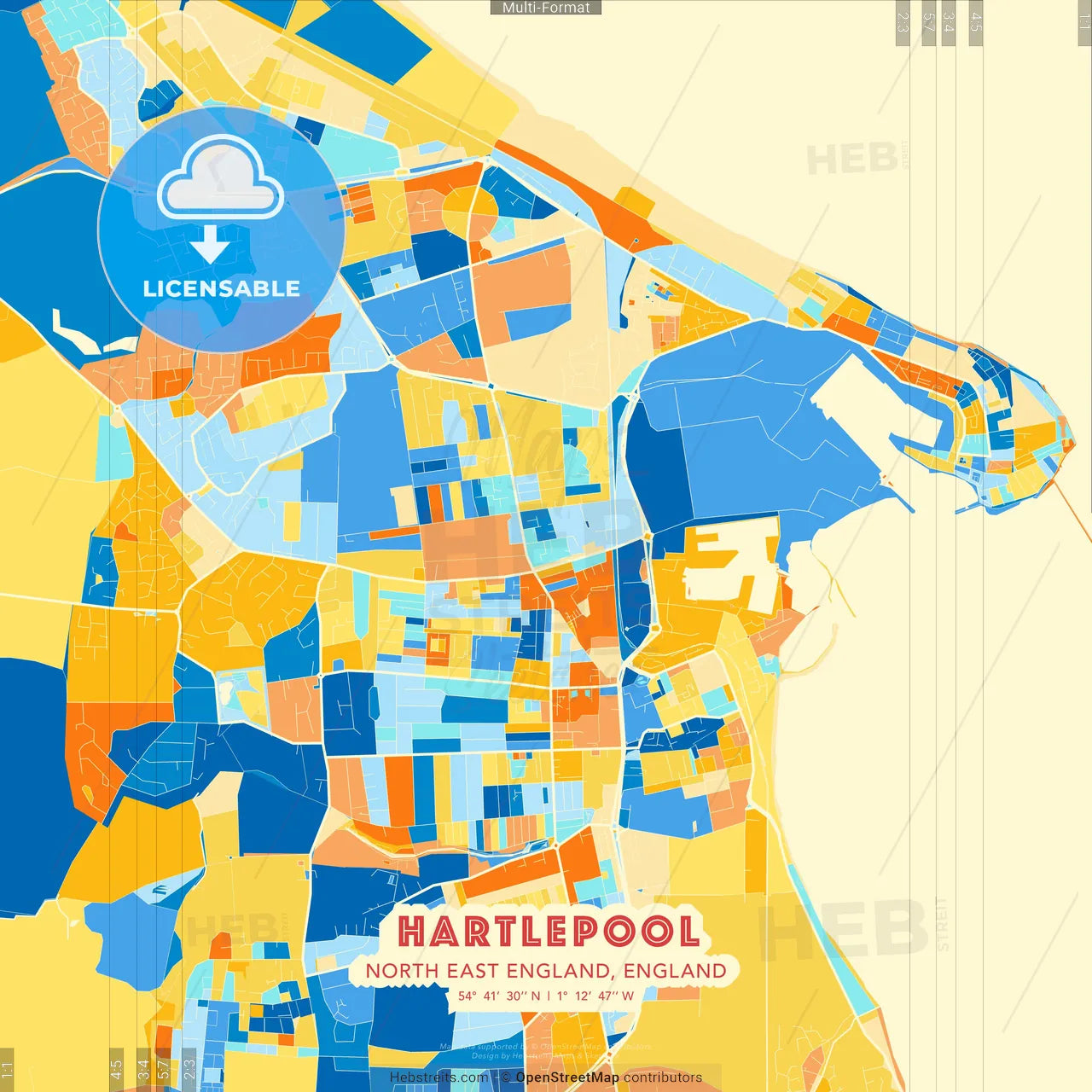 Hartlepool, North East England, England blue and orange vector art map template