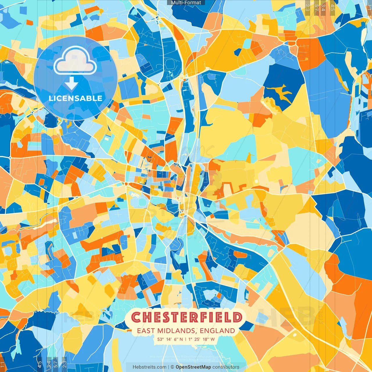 Chesterfield, East Midlands, England blue and orange vector art map template