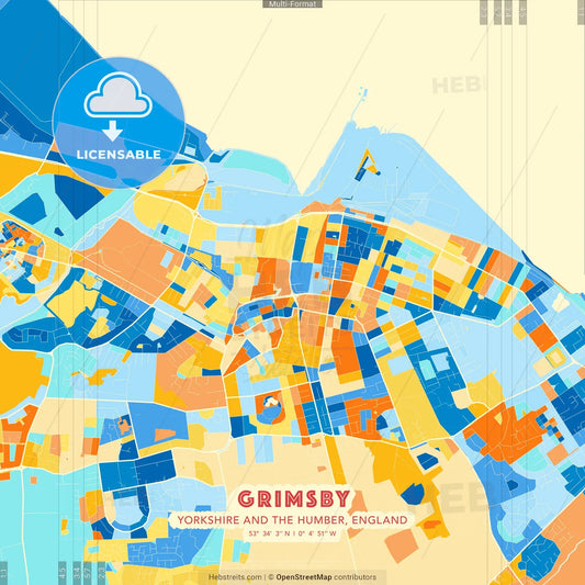 Grimsby, Yorkshire and the Humber, England blue and orange vector art map template