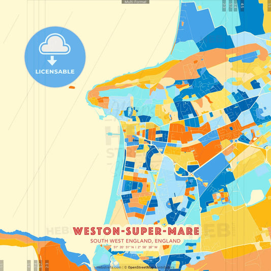 Weston-super-Mare, South West England, England blue and orange vector art map template