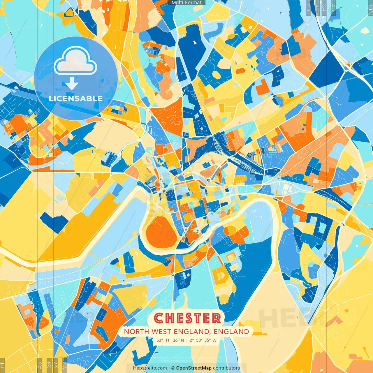 Chester, North West England, England blue and orange vector art map template
