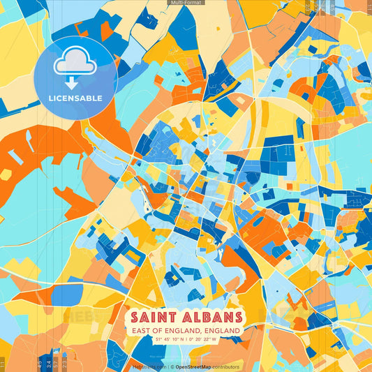 Saint Albans, East of England, England blue and orange vector art map template