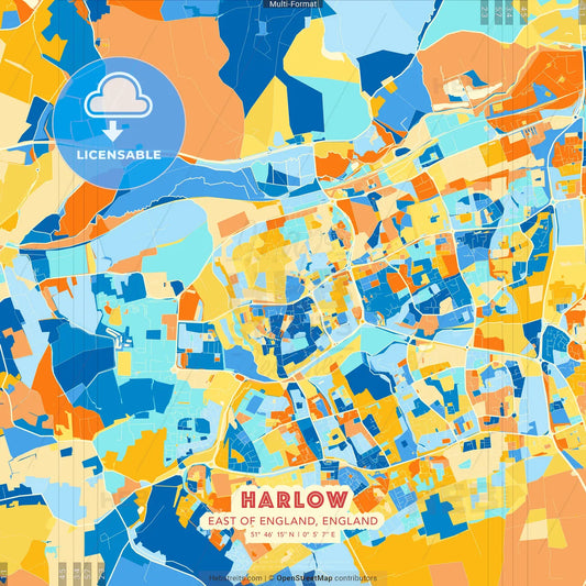 Harlow, East of England, England blue and orange vector art map template