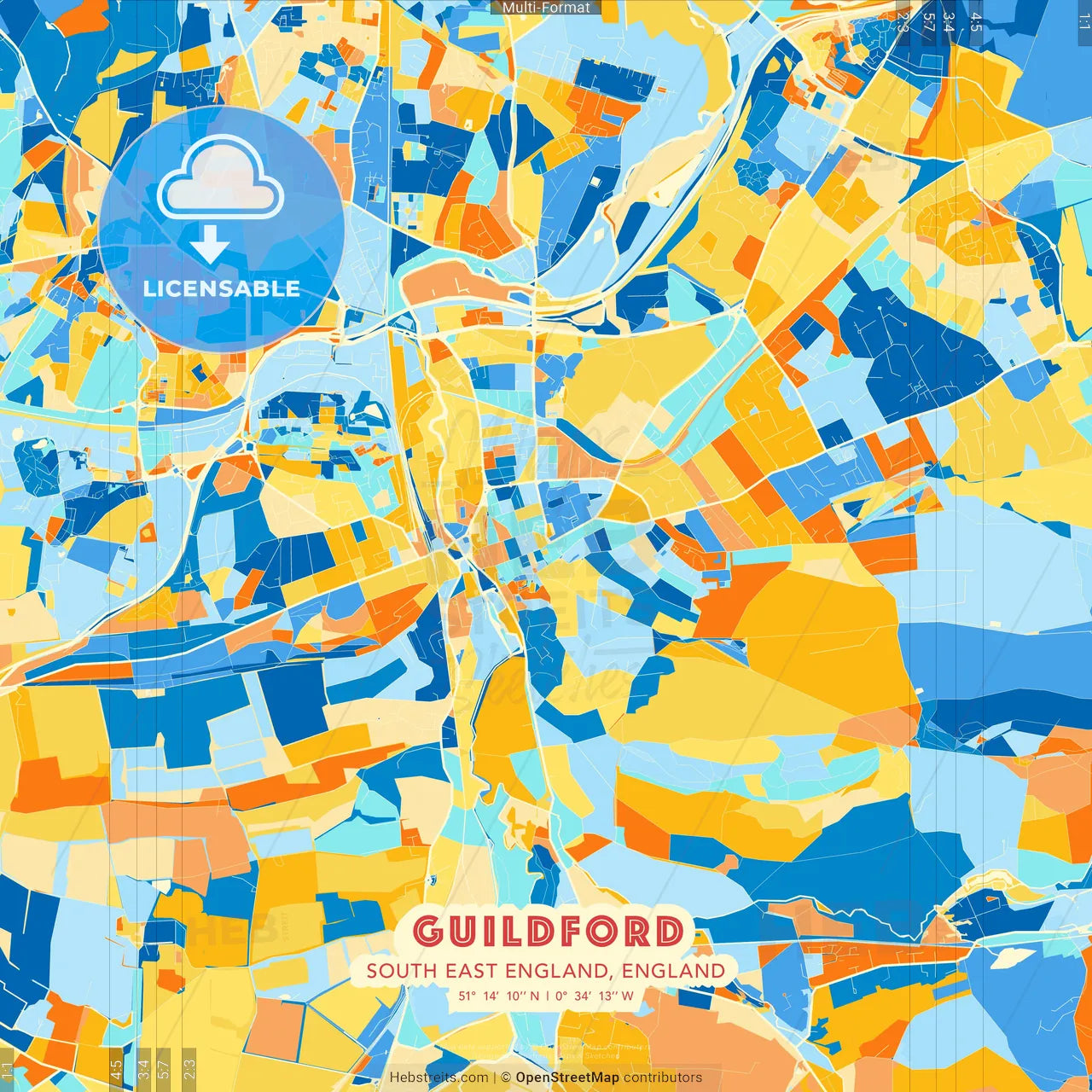 Guildford, South East England, England blue and orange vector art map template