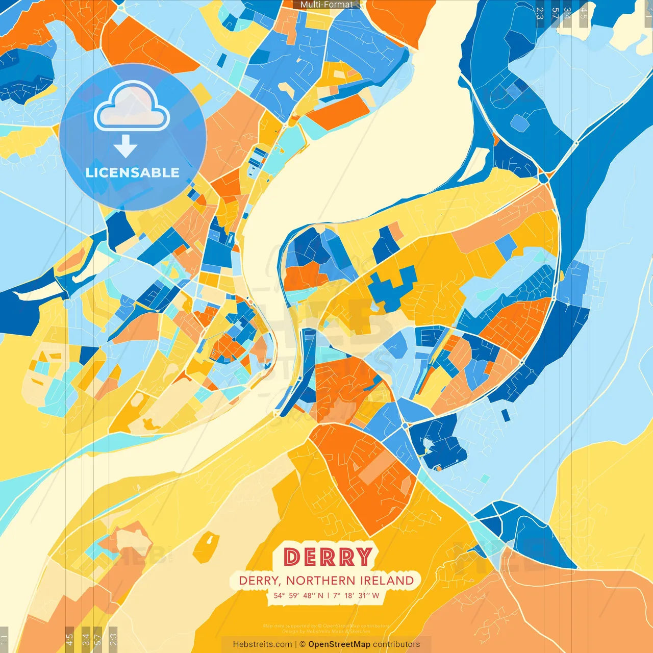 Derry, Derry, Northern Ireland blue and orange vector art map template