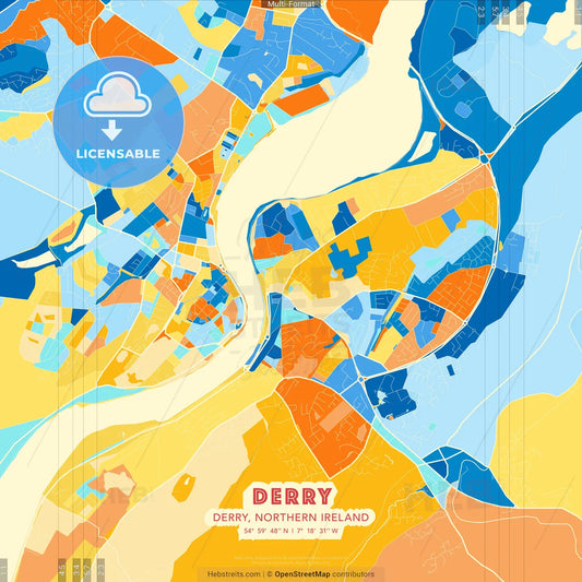 Derry, Derry, Northern Ireland blue and orange vector art map template