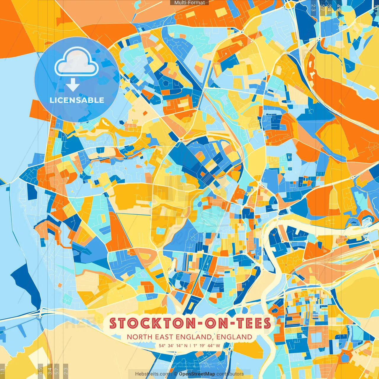 Stockton-on-Tees, North East England, England blue and orange vector art map template