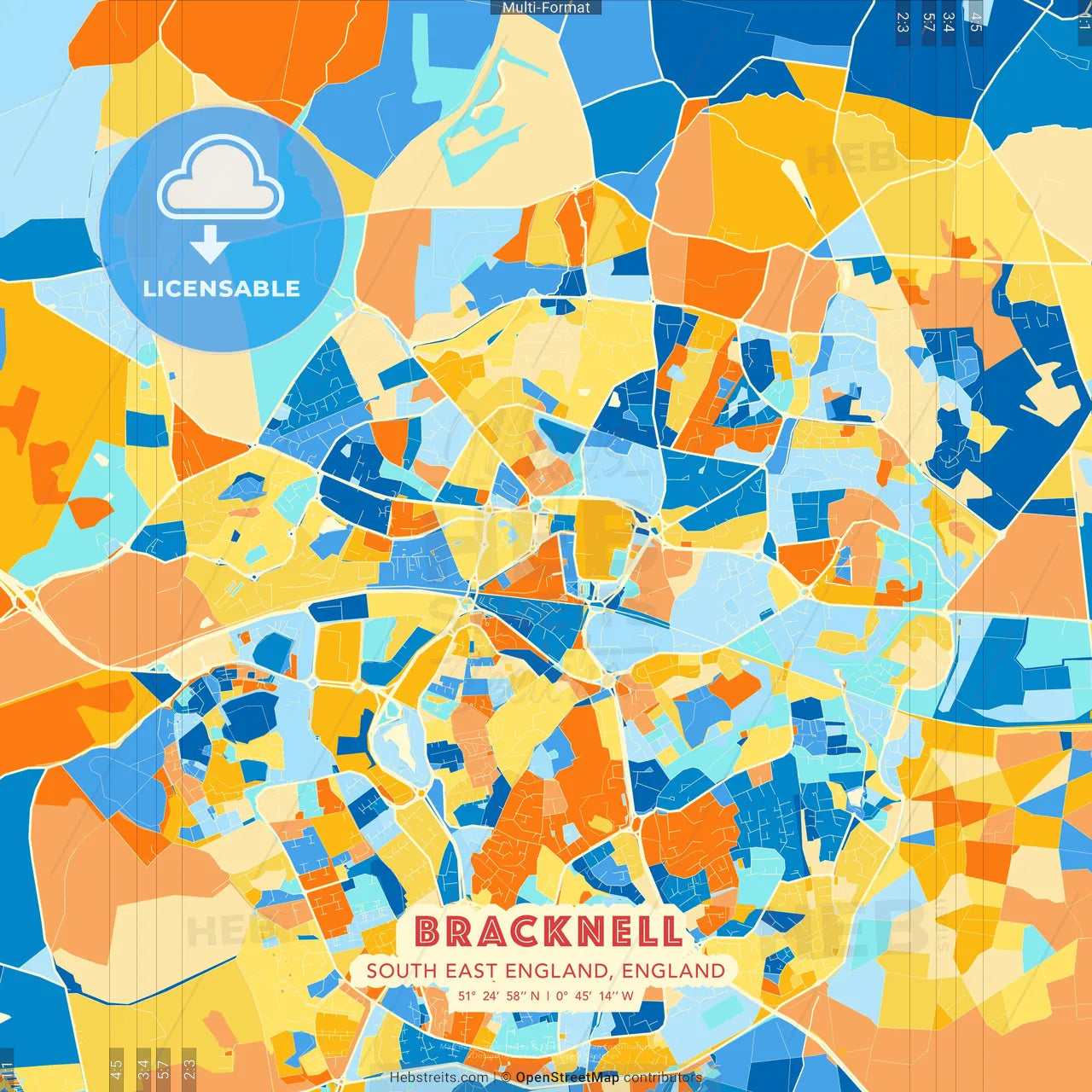 Bracknell, South East England, England blue and orange vector art map template