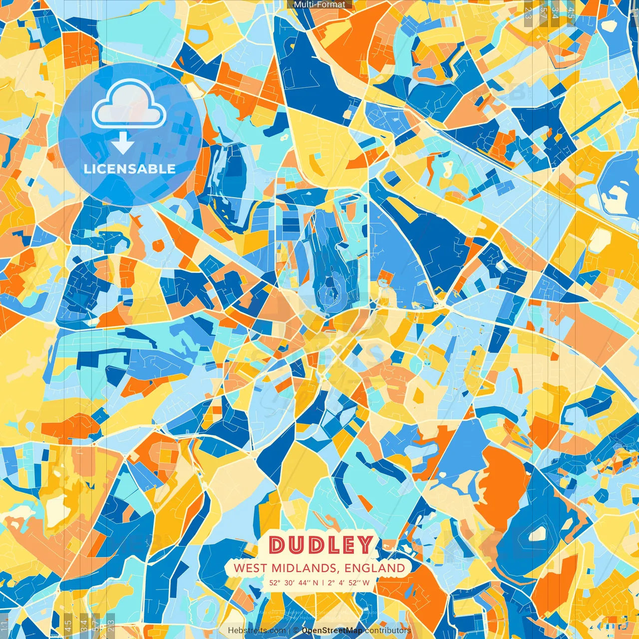 Dudley, West Midlands, England blue and orange vector art map template