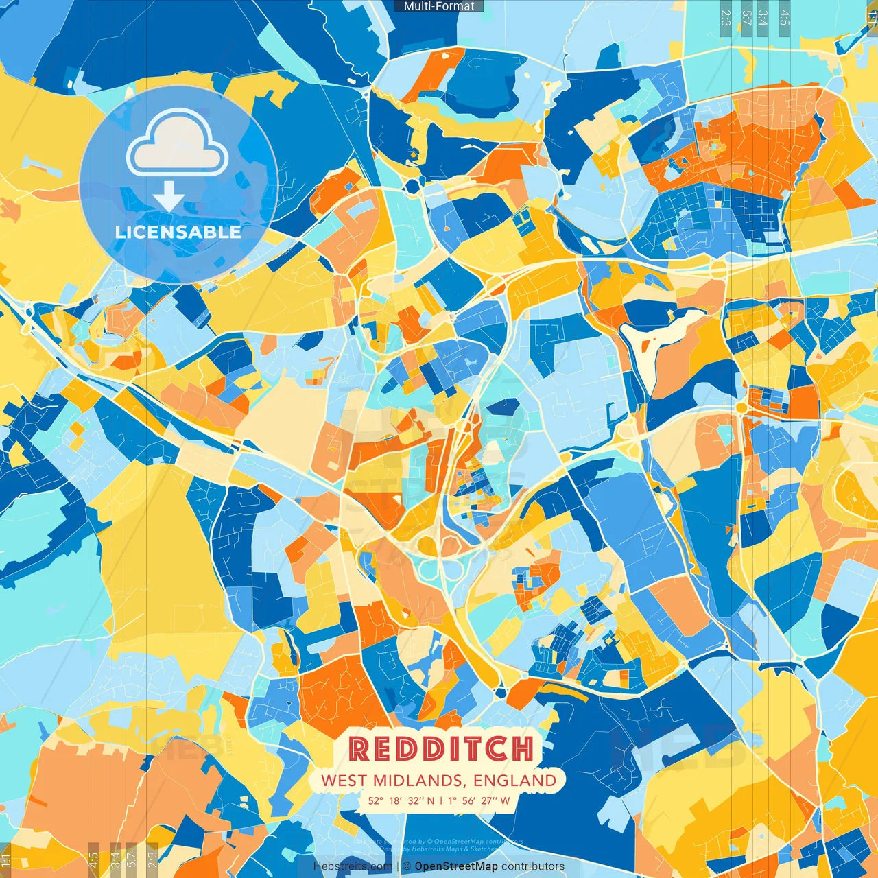 Redditch, West Midlands, England blue and orange vector art map template