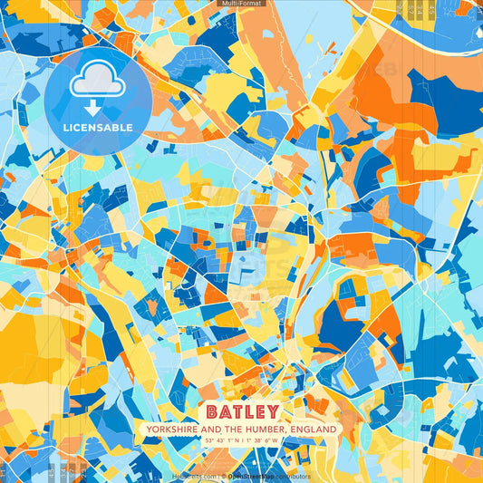 Batley, Yorkshire and the Humber, England blue and orange vector art map template