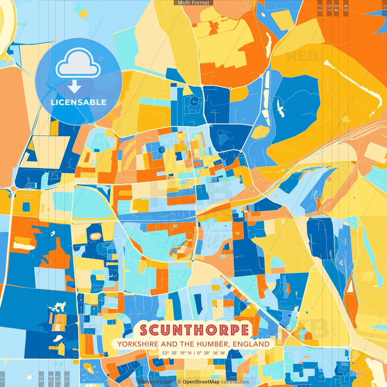 Scunthorpe, Yorkshire and the Humber, England blue and orange vector art map template
