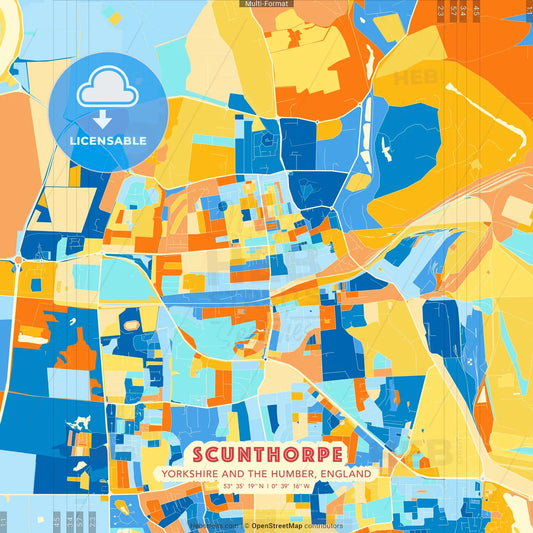 Scunthorpe, Yorkshire and the Humber, England blue and orange vector art map template