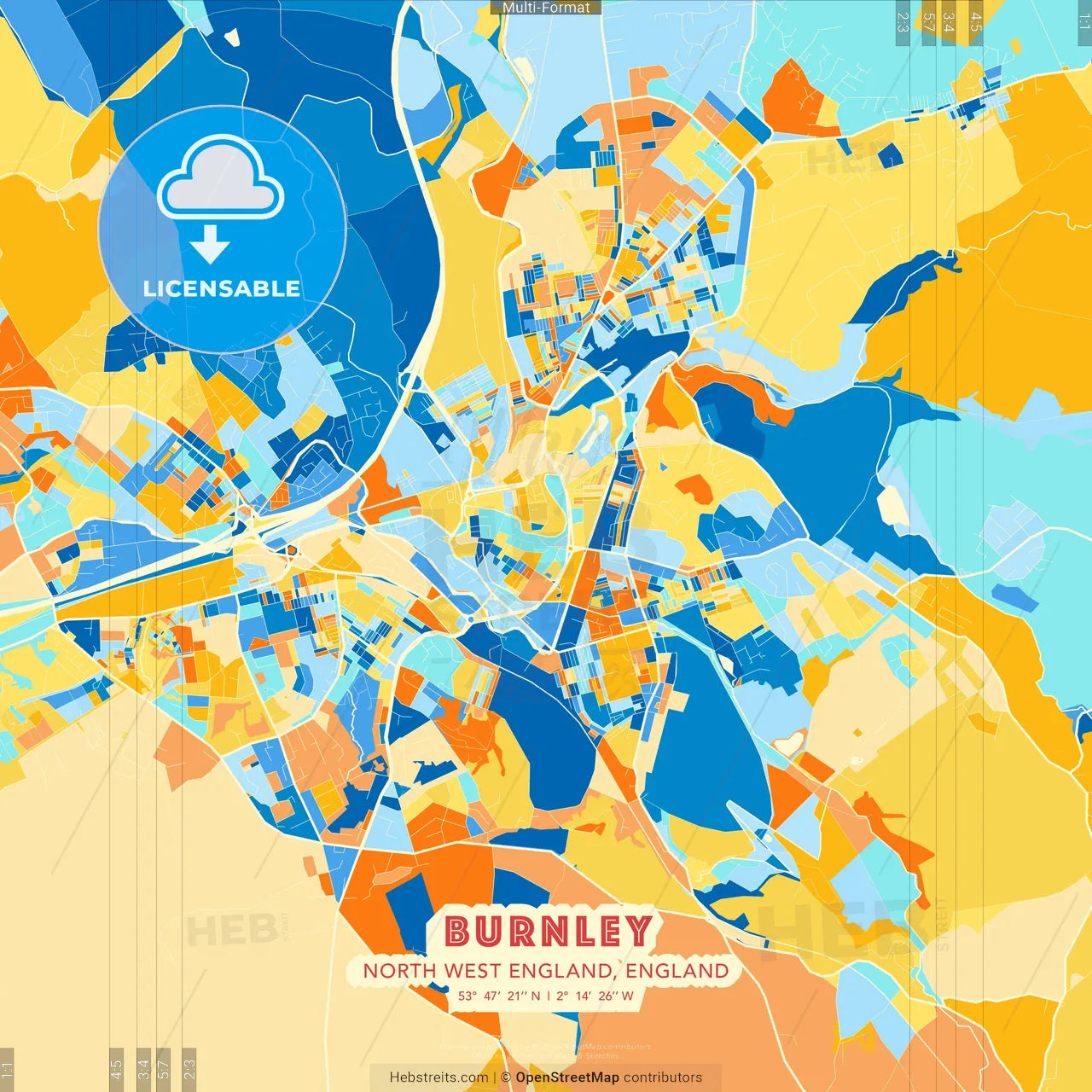 Burnley, North West England, England blue and orange vector art map template