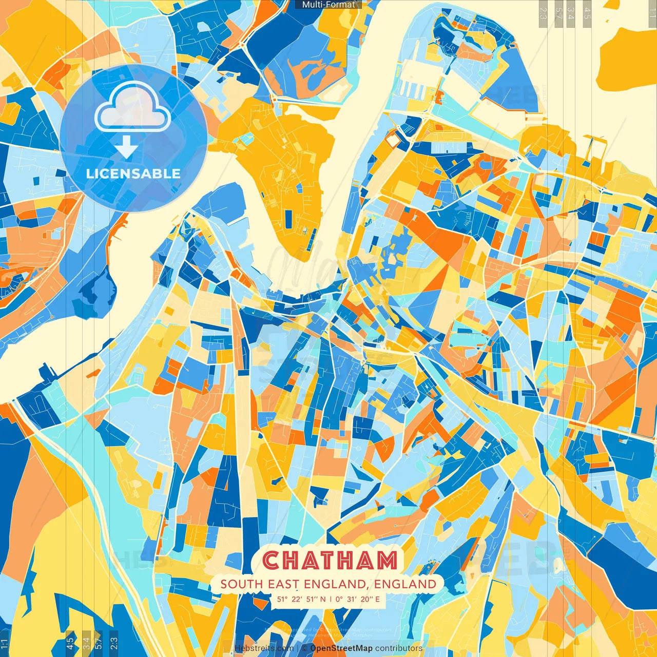 Chatham, South East England, England blue and orange vector art map template