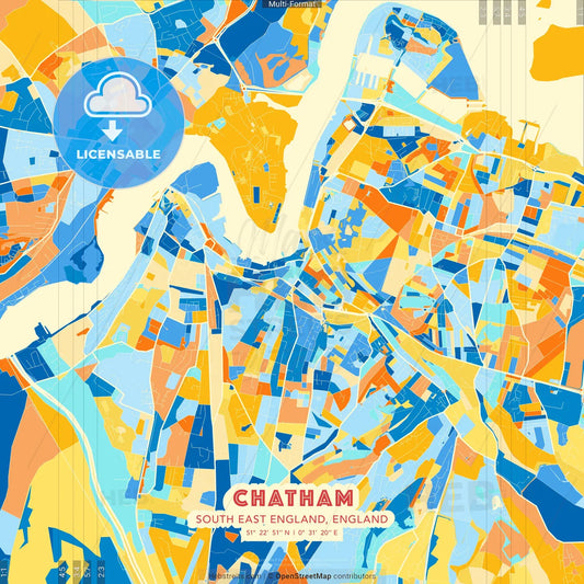 Chatham, South East England, England blue and orange vector art map template
