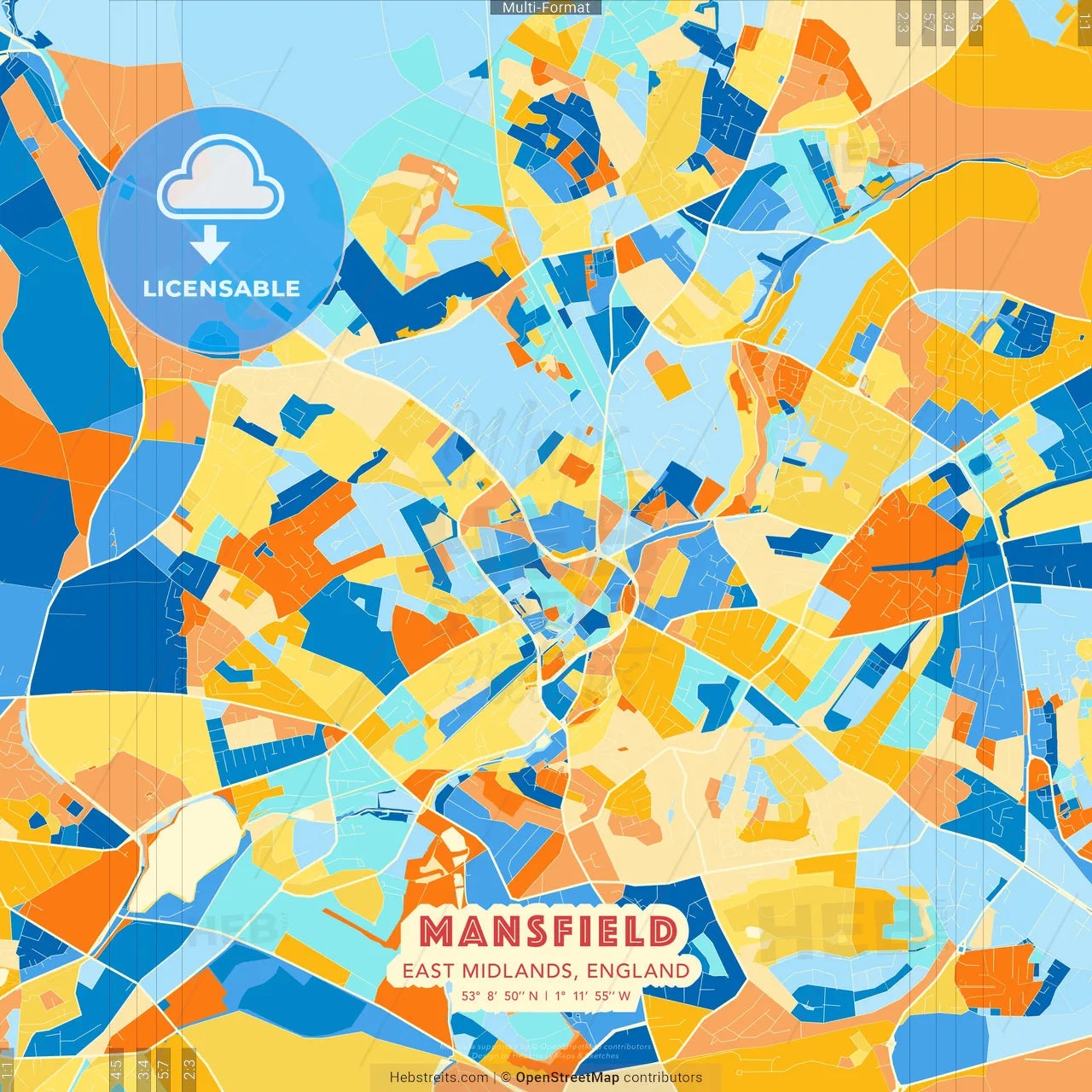 Mansfield, East Midlands, England blue and orange vector art map template