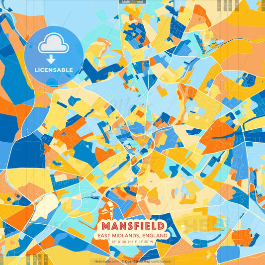 Mansfield, East Midlands, England blue and orange vector art map template