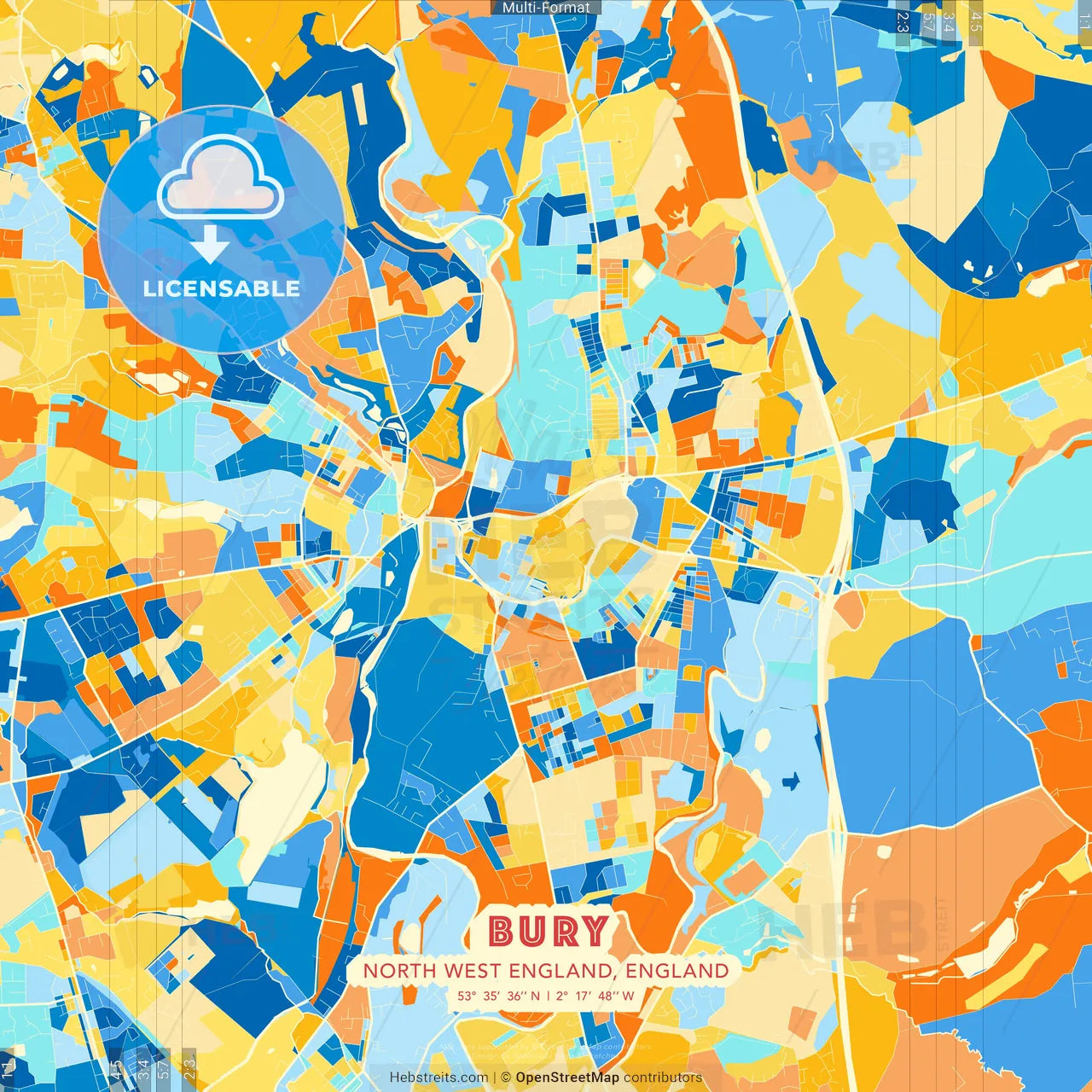 Bury, North West England, England blue and orange vector art map template