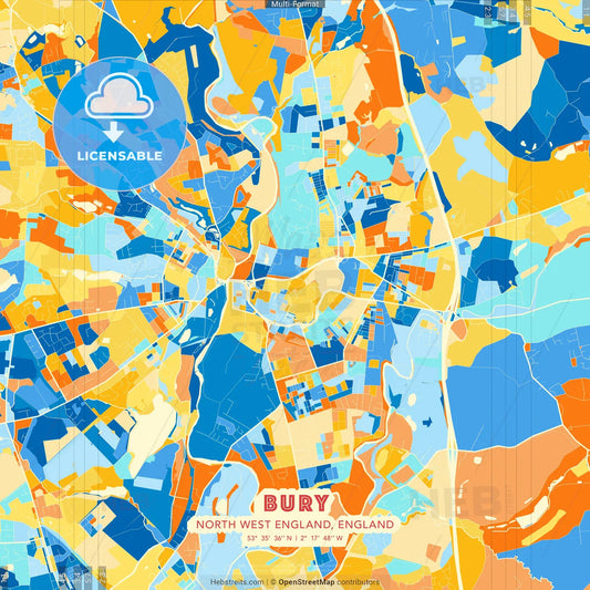 Bury, North West England, England blue and orange vector art map template