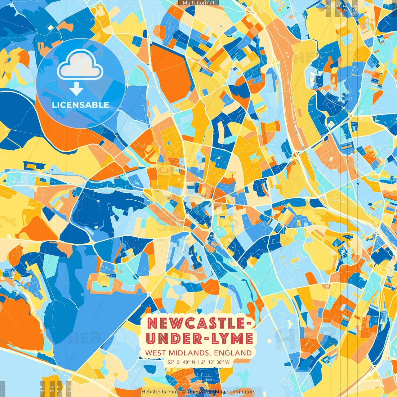 Newcastle-under-Lyme, West Midlands, England blue and orange vector art map template