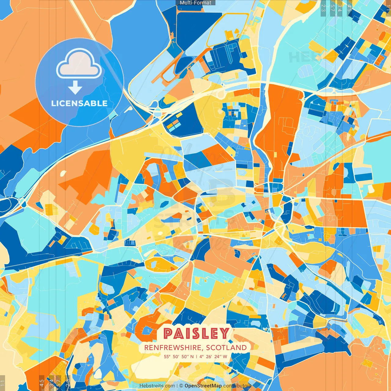 Paisley, Renfrewshire, Scotland blue and orange vector art map template