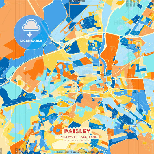 Paisley, Renfrewshire, Scotland blue and orange vector art map template