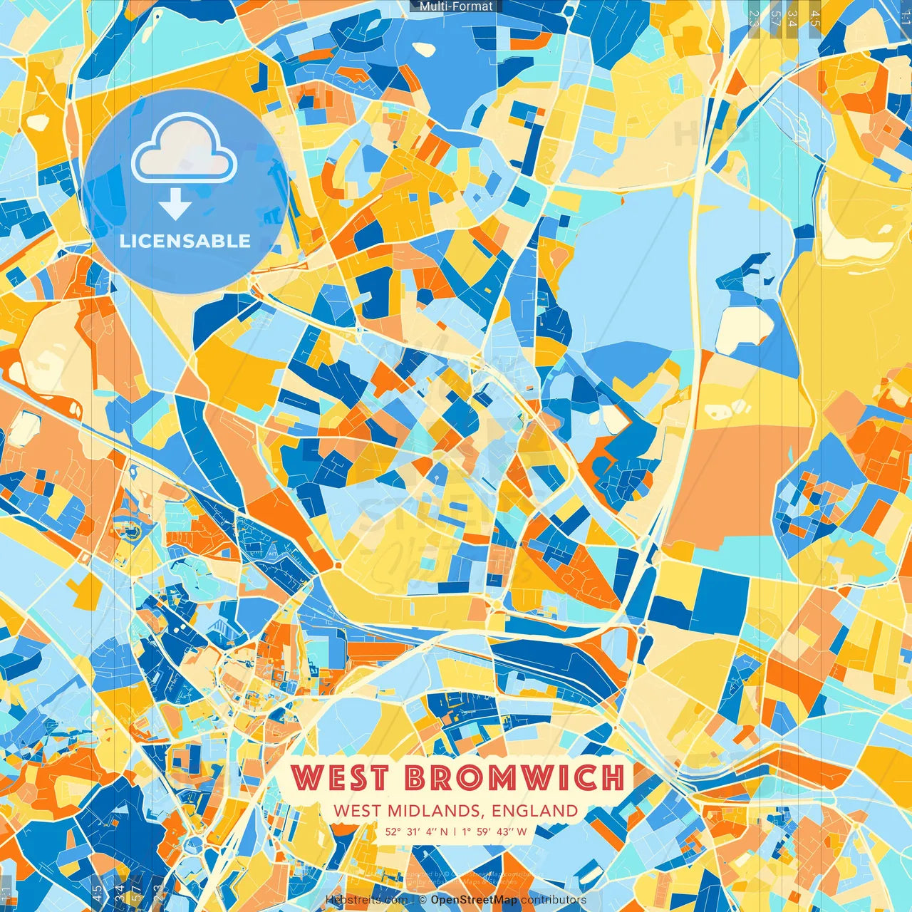 West Bromwich, West Midlands, England blue and orange vector art map template