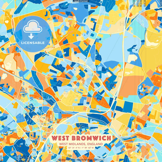 West Bromwich, West Midlands, England blue and orange vector art map template
